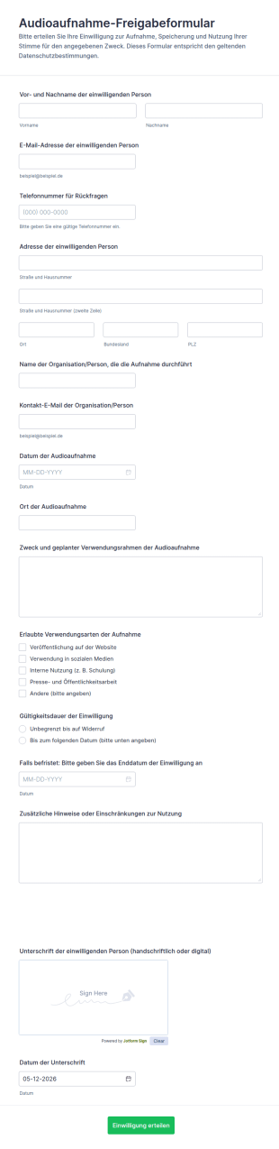 Audioaufnahme Freigabeformular