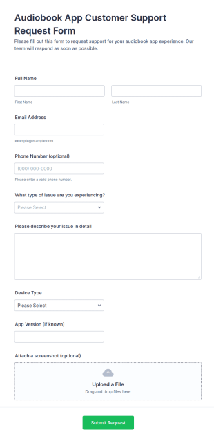 Audiobook App Customer Support Request Form Template