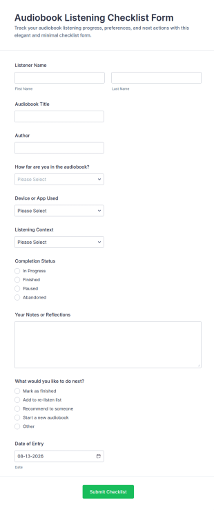 Audiobook Listening Checklist Form Template