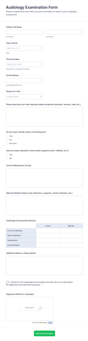 Audiology Examination Form Template