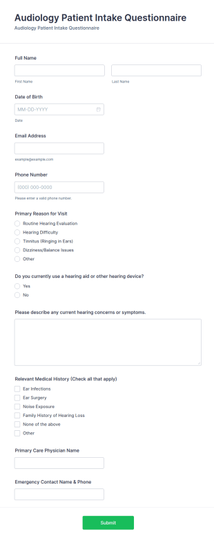 Audiology Patient Intake Questionnaire Form Template