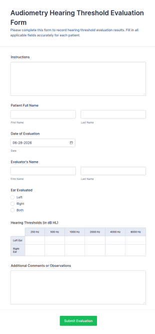 Audiometry Hearing Threshold Evaluation Form Template