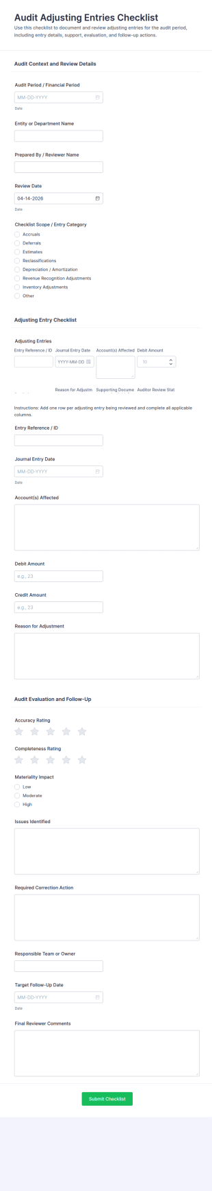 Audit Adjusting Entries Checklist Form Template