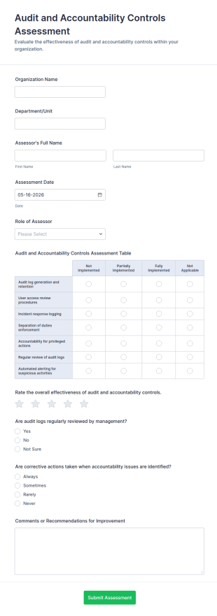 Audit And Accountability Controls Assessment Form Template