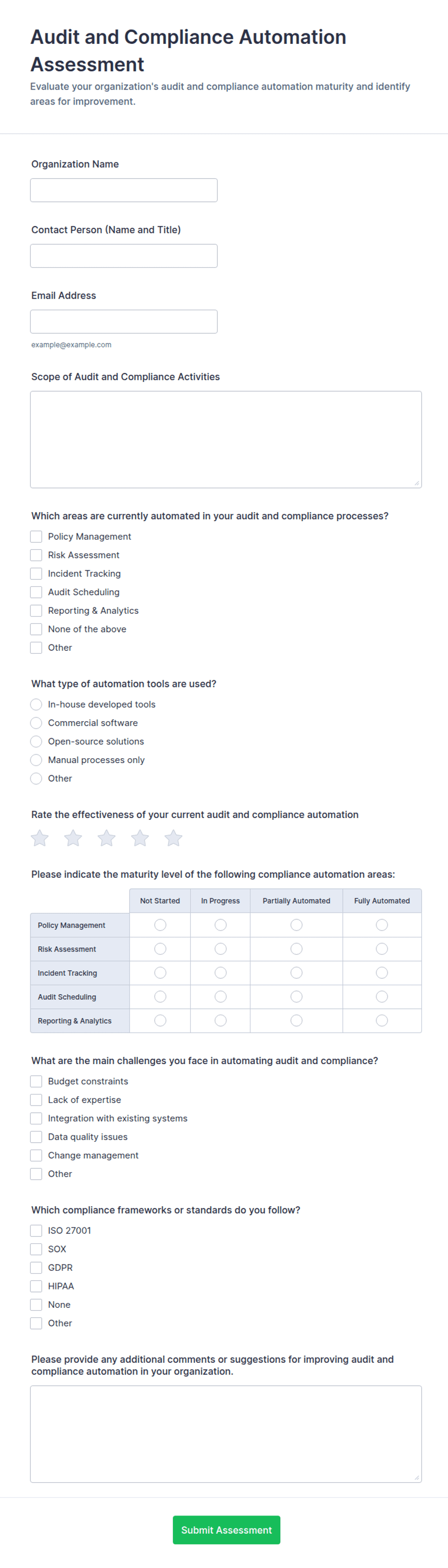 Audit and Compliance Automation Assessment Form Template | Jotform
