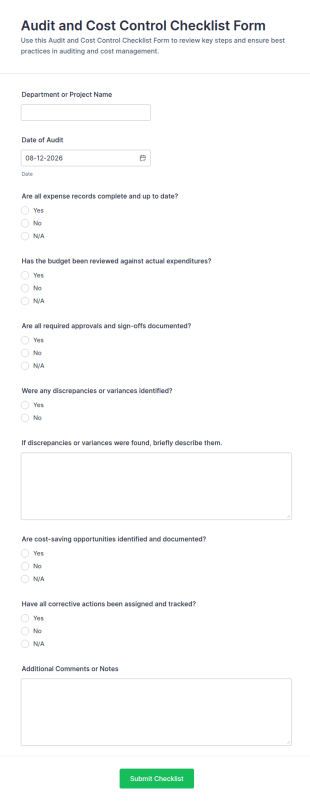 Audit And Cost Control Checklist Form Template
