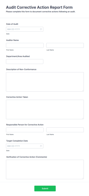 Audit Corrective Action Report Form Template