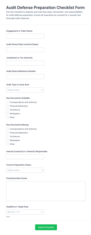 Audit Defense Preparation Checklist Form Template