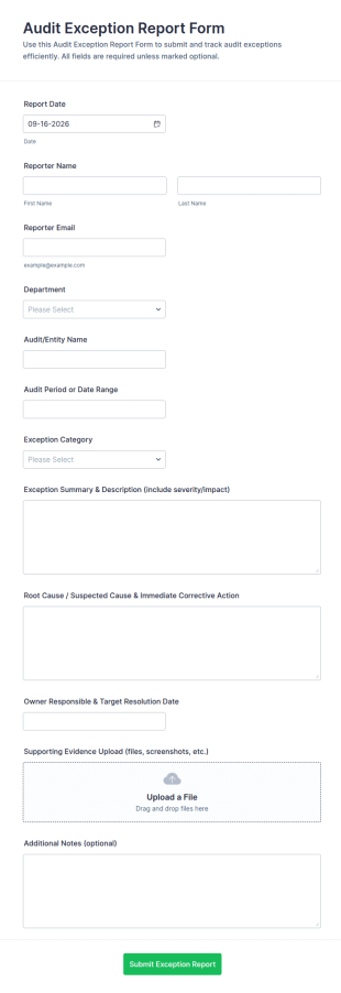 Audit Exception Report Form Template