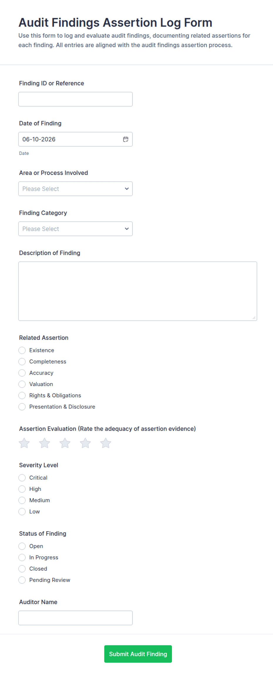 Audit Findings Assertion Log Form Template | Jotform