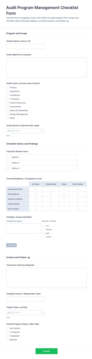 Audit Program Management Checklist Form Template