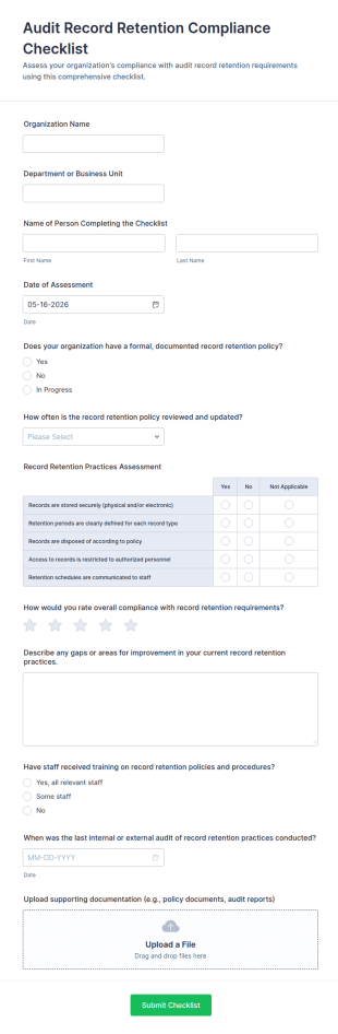 Audit Record Retention Compliance Checklist Form Template