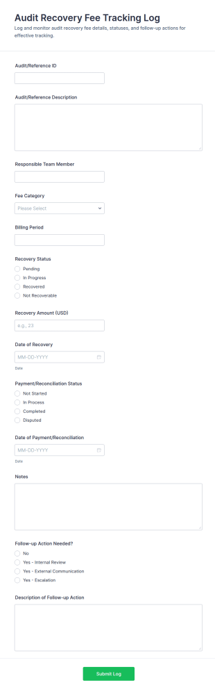 Audit Recovery Fee Tracking Log Form Template