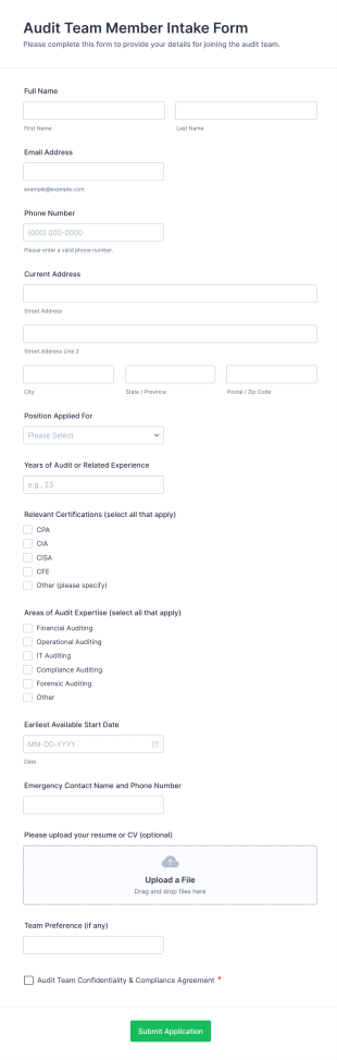 Audit Team Member Intake Form Template