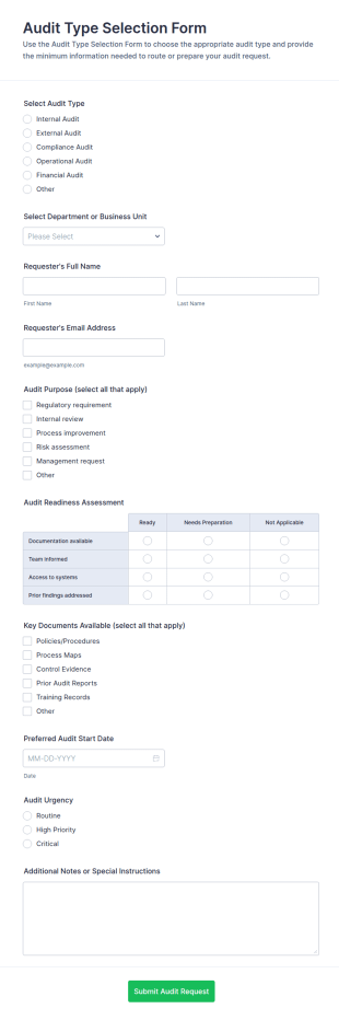 Audit Type Selection Checklist Form Template