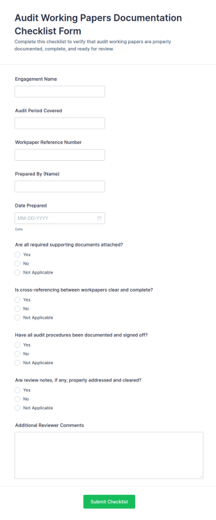 Audit Working Papers Documentation Checklist Form Template