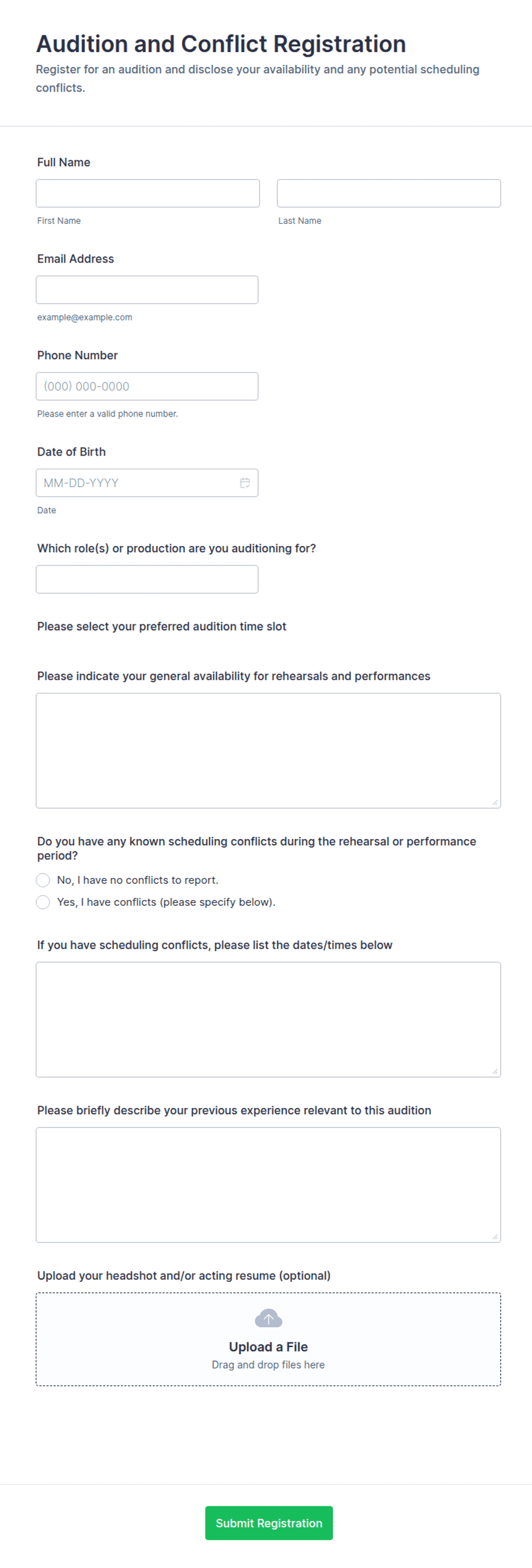 Audition and Conflict Registration Form Template | Jotform