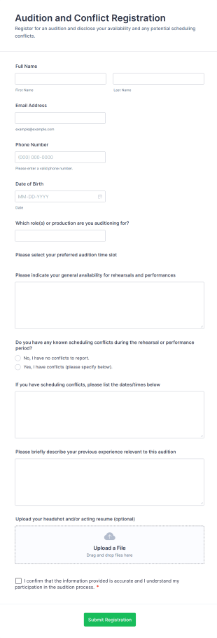 Audition And Conflict Registration Form Template