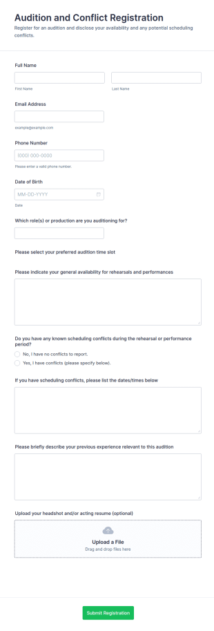 Audition And Conflict Registration Form Template