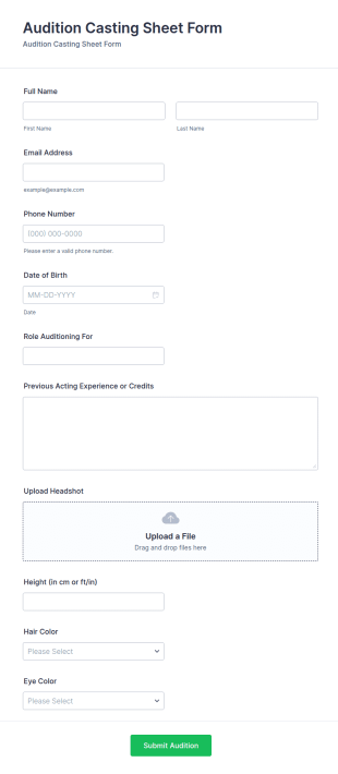 Audition Casting Sheet Form Template