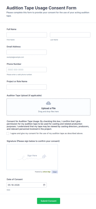 Audition Tape Usage Consent Form Template