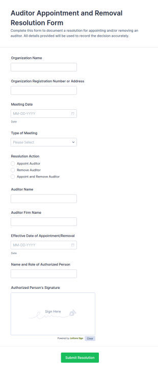 Auditor Appointment And Removal Resolution Form Template
