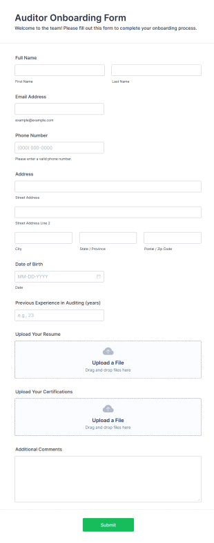 Auditor Onboarding Form Template