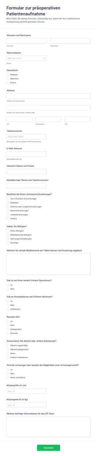 Aufnahmebogen Für Die Präoperative Patientendaten