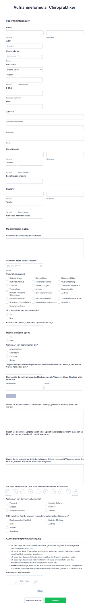 Aufnahmeformular Chiropraktiker