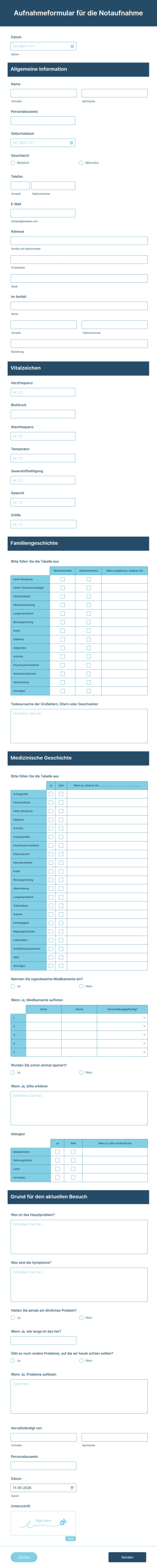 Aufnahmeformular Für Die Notaufnahme
