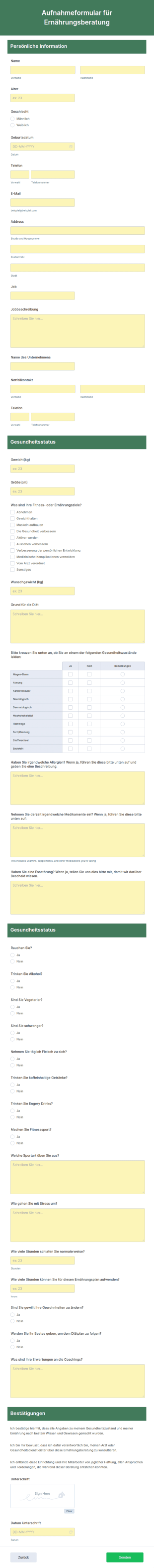 Aufnahmeformular Für Ernährungsberatung