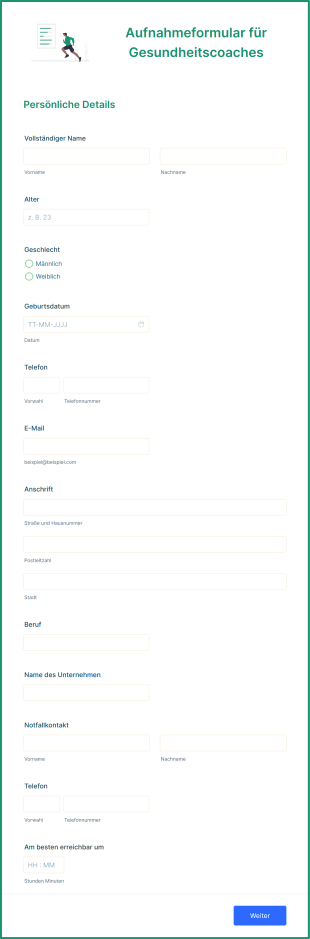 Aufnahmeformular Für Gesundheitscoaches Form Template