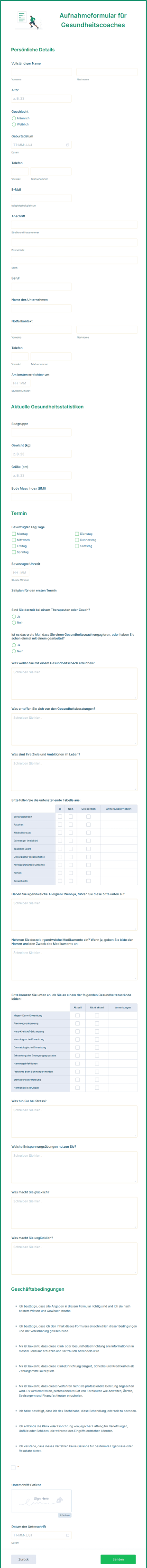 Aufnahmeformular Für Gesundheitscoaches Form Template