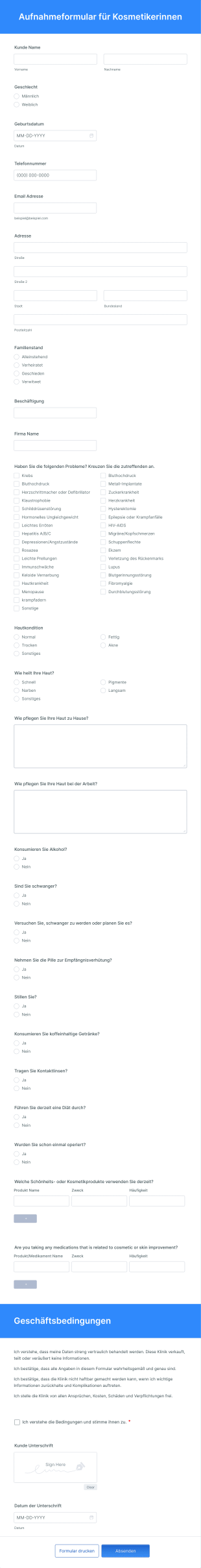 Aufnahmeformular Für Kosmetikerinnen Form Template