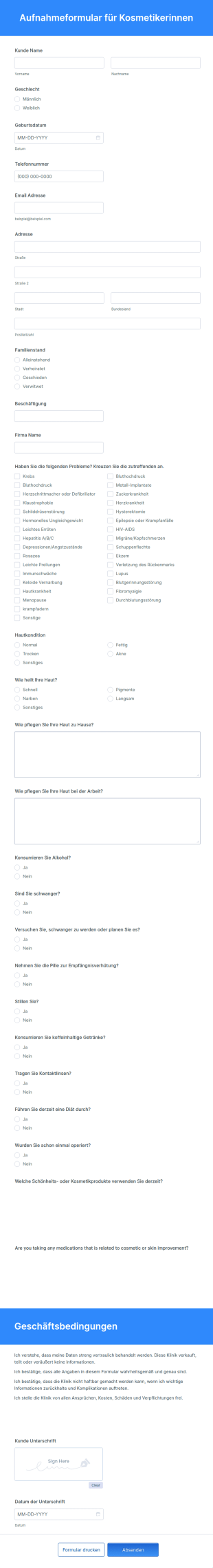 Aufnahmeformular Für Kosmetikerinnen