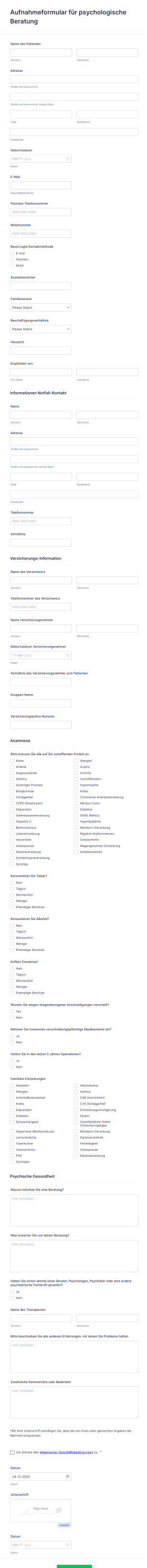 Aufnahmeformular Für Psychologische Beratung