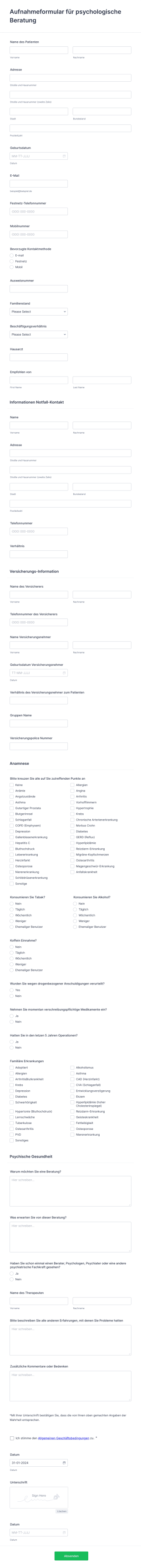 Aufnahmeformular Für Psychologische Beratung Form Template