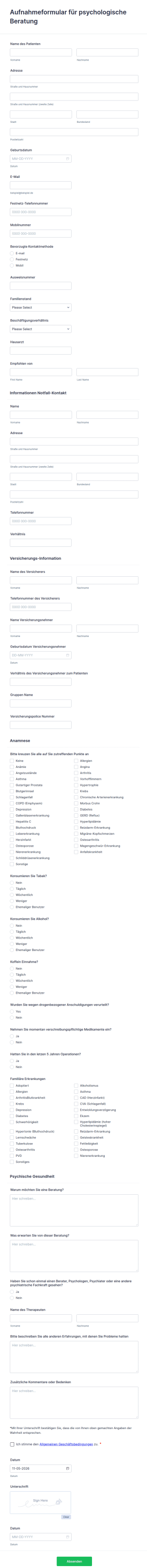 Aufnahmeformular Für Psychologische Beratung