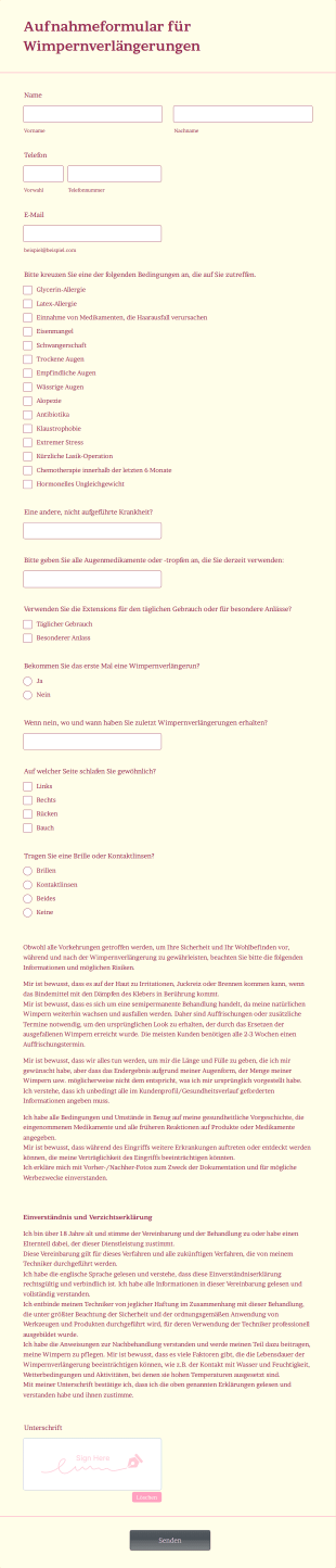Aufnahmeformular Für Wimpernverlängerungen Form Template