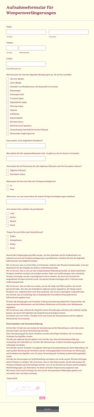 Aufnahmeformular Für Wimpernverlängerungen