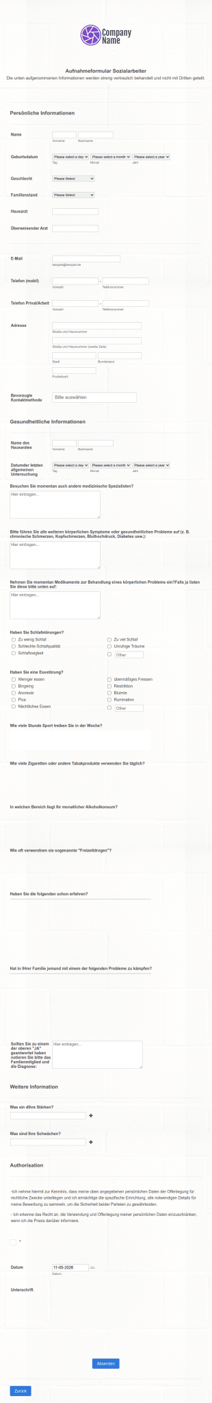 Aufnahmeformular Sozialarbeiter