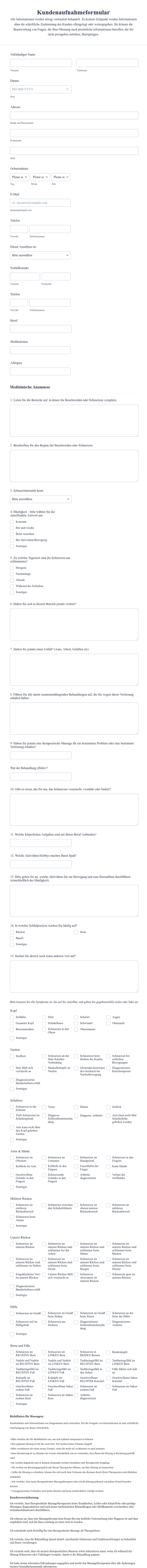 Aufnahmeformularfür Massagetherapie Kunden
