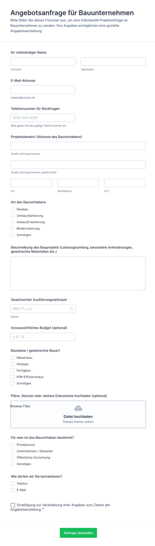 Auftragsangebot Anfrage Formular