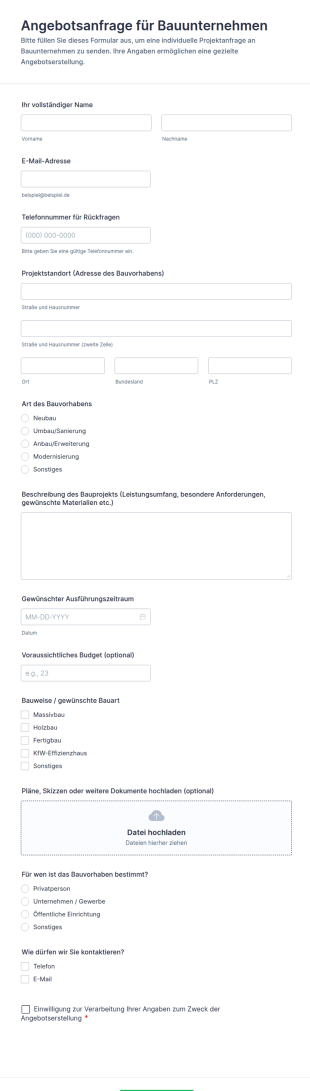 Auftragsangebot Anfrage Formular
