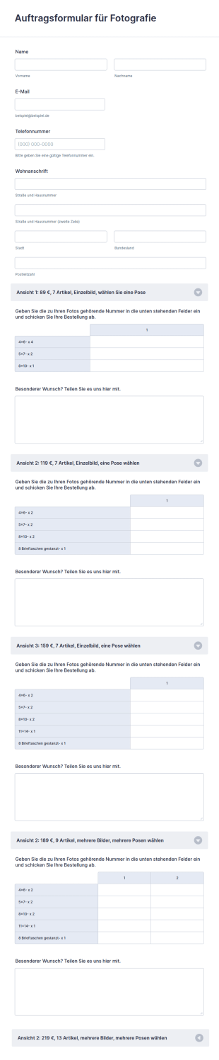 Auftragsformular Für Fotografie