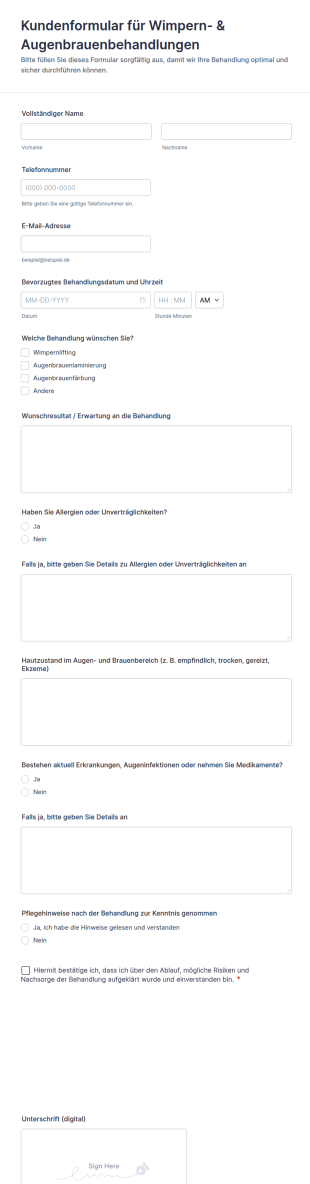 Augenwimpern Und Augenbrauenbehandlungsformular