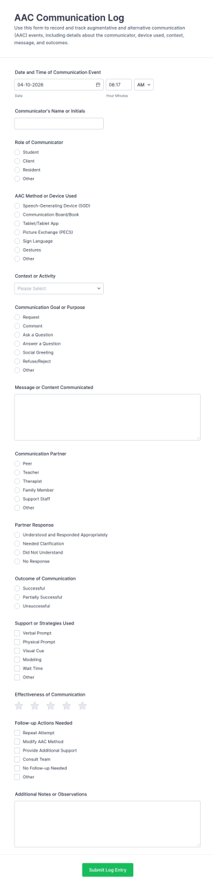 Augmentative And Alternative Communication (AAC) Communication Log Form Template