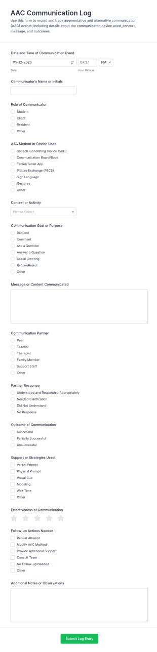Augmentative And Alternative Communication (AAC) Communication Log Form Template
