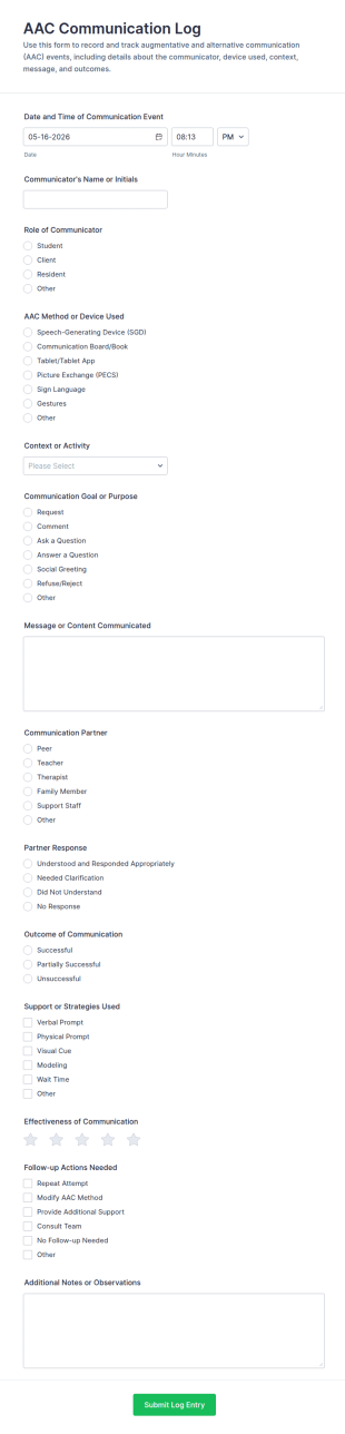 Augmentative And Alternative Communication (AAC) Communication Log Form Template