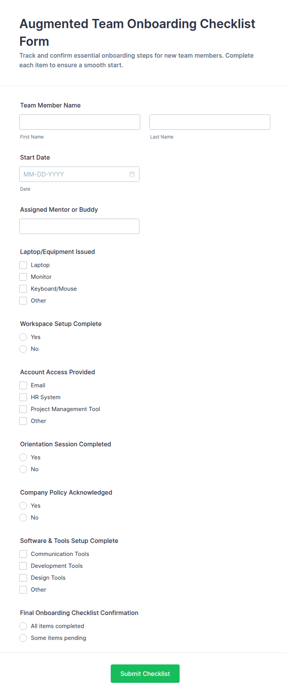 Augmented Team Onboarding Checklist Form Template | Jotform